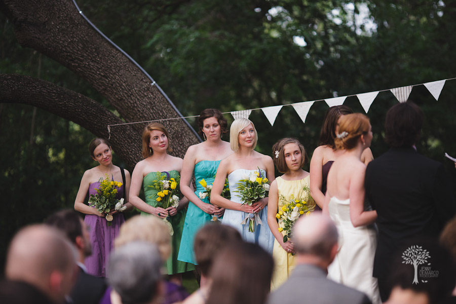 bridesmaids, different color dresses, vintage wedding, shabby chic