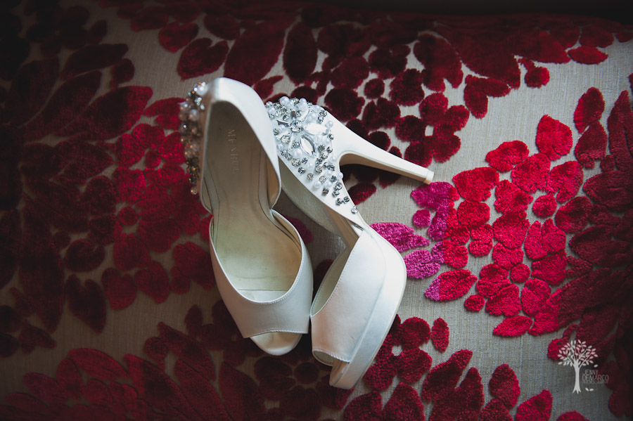 The bride's gorgeous diamond shoes against the stylish red carpet at The W Hotel in Austin, Texas.