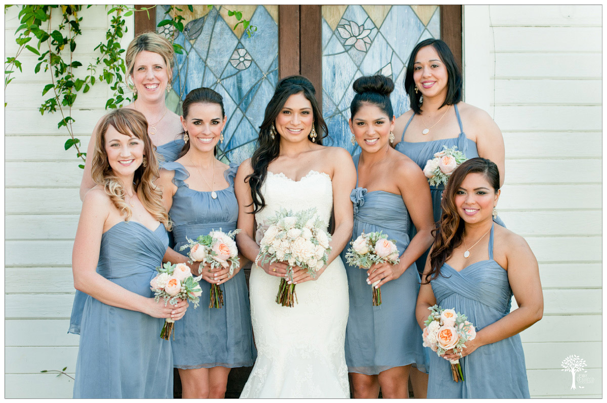 Bridesmaids in powder blue dresses, periwinkle