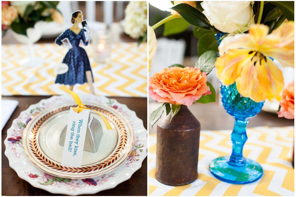 bryd collective, garden roses florals, gold yellow chevron table runner wedding reception centerpieces decor