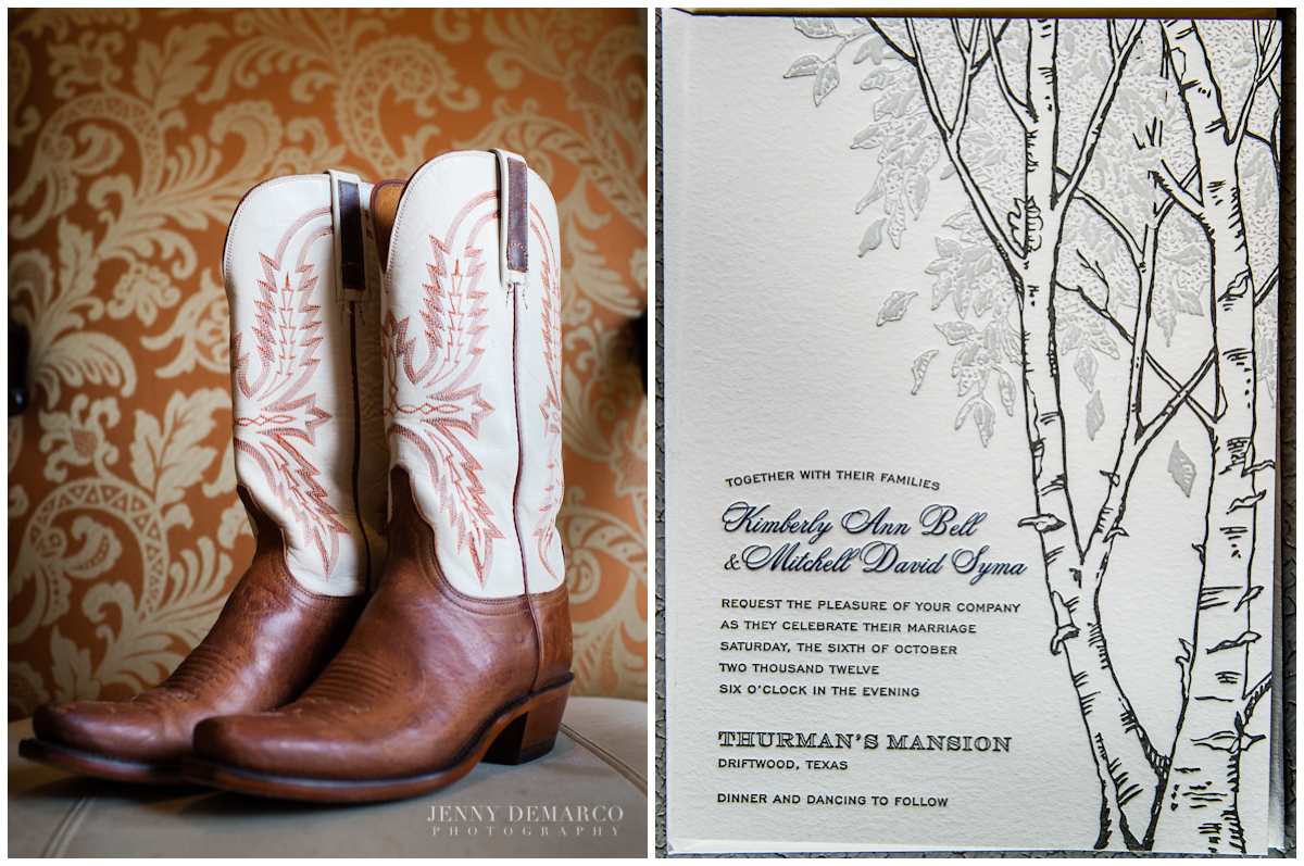 The bride wore cowboy boots for her hillcountry wedding. Her Pink Tulip invitations pictured are letterpressed with navy blue text and an illustration of a tree.
