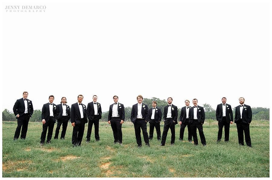 The groom and groomsmen pose next to the vineyard at a Hill Country wedding.