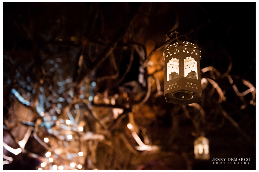 Detail of the lanterns in the Treehouse lit at night. 