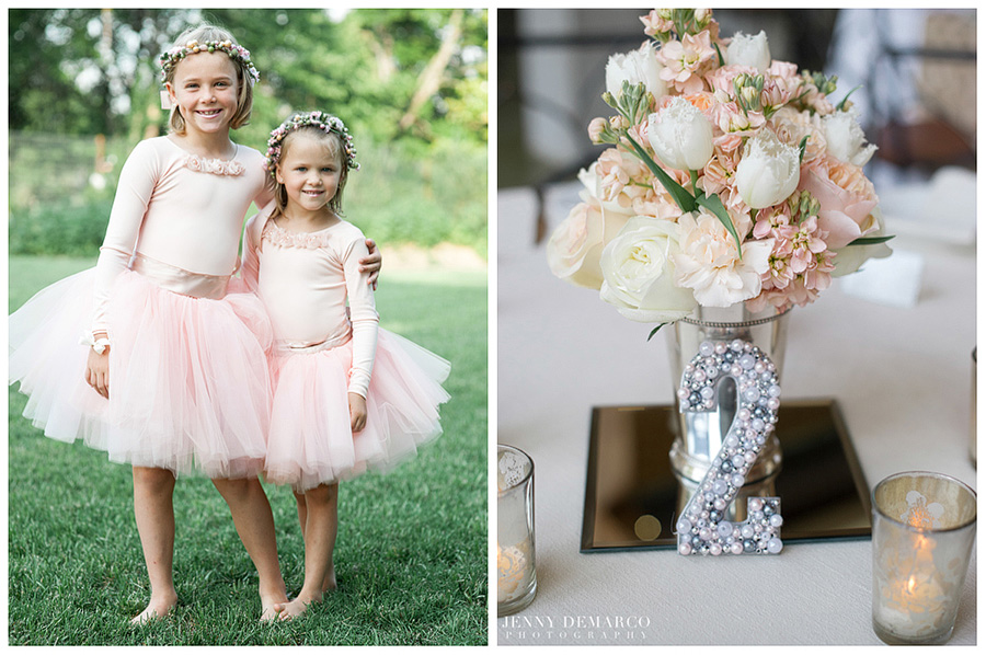 Adorable flower girls in pink tutus wore flowered headbands that matched the flowers decorating the tables.