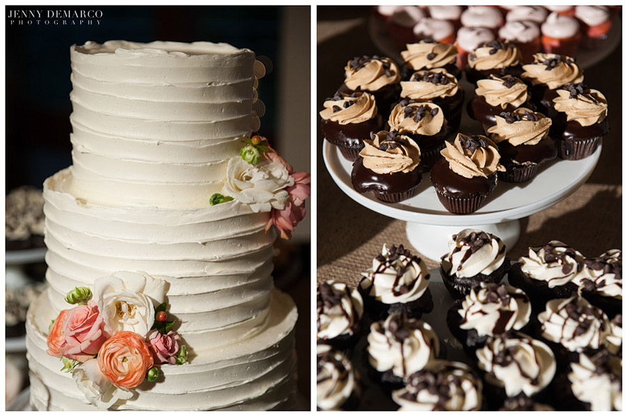 The gorgeous wedding cake and cupcakes were delicious.