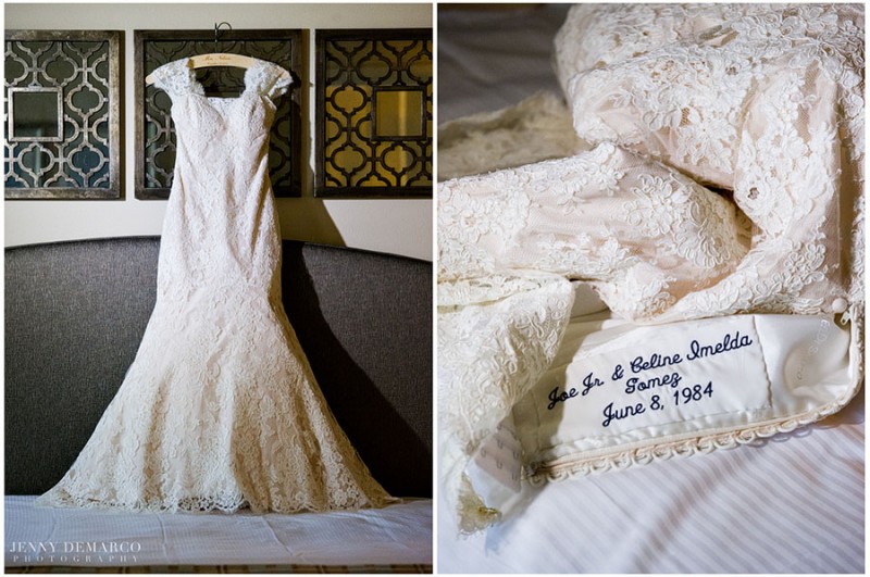 The bride wore her mother's wedding gown. The vintage lace gown is personlized in navy blue with the wedding date of her mother and father.