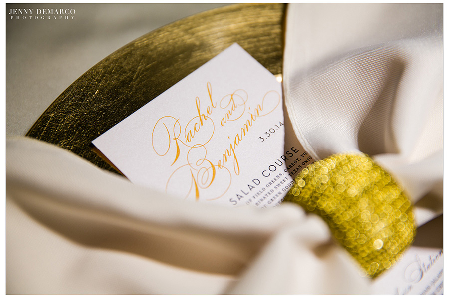 Rachel and Ben's dinner menu collaborating with their gold and white theme. 