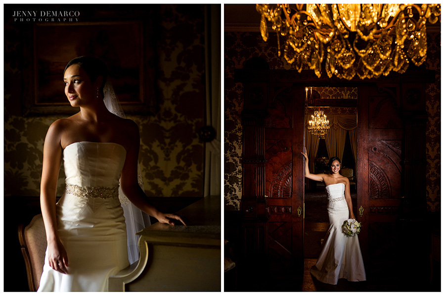 Int the picture to the left, the bride is stadning by a champagne colored piano. In the picture to the right, the bride is standing between two large cherry wood doors with a beautiful chandelier hanging in the middle of the room..