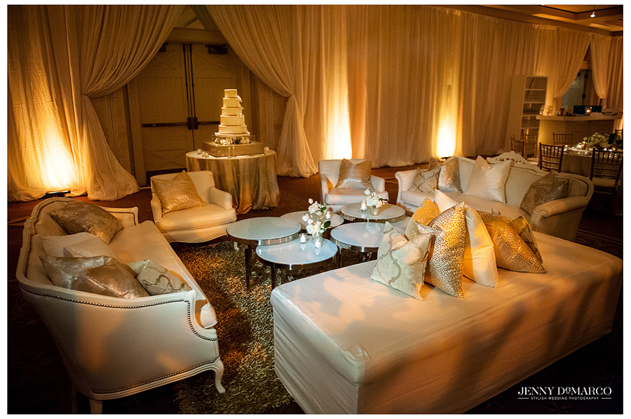 The guest lounge creates the perfect resting and social area at the wedding reception with couches, florals and comfort.