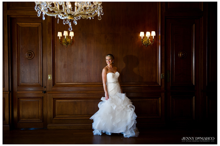 Bridal portrait in front of dark mahogany wall at The Commodore Perry Estate.