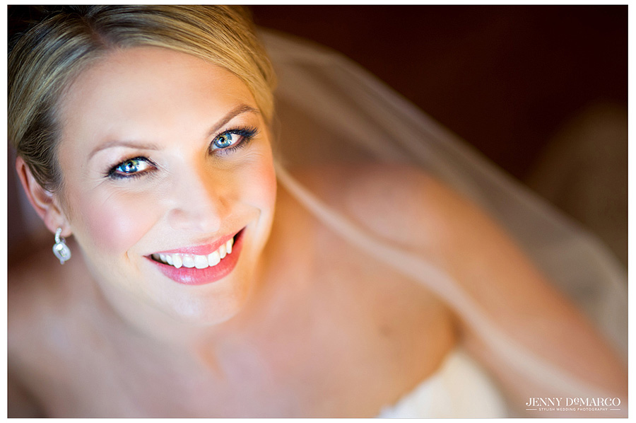 Close up head shot of the bride at her Commodore Perry Estate wedding.