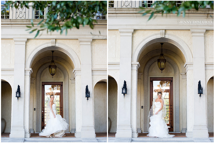 The bride twirls her dress on the front steps of the Commodore Perry Estate.