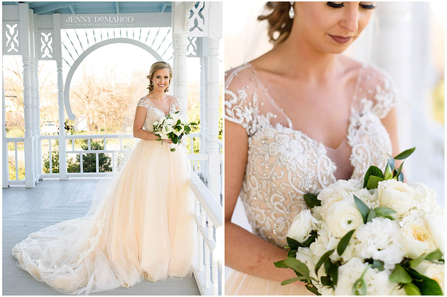 the bride smiles with her bouquet on beautifully lit porch 