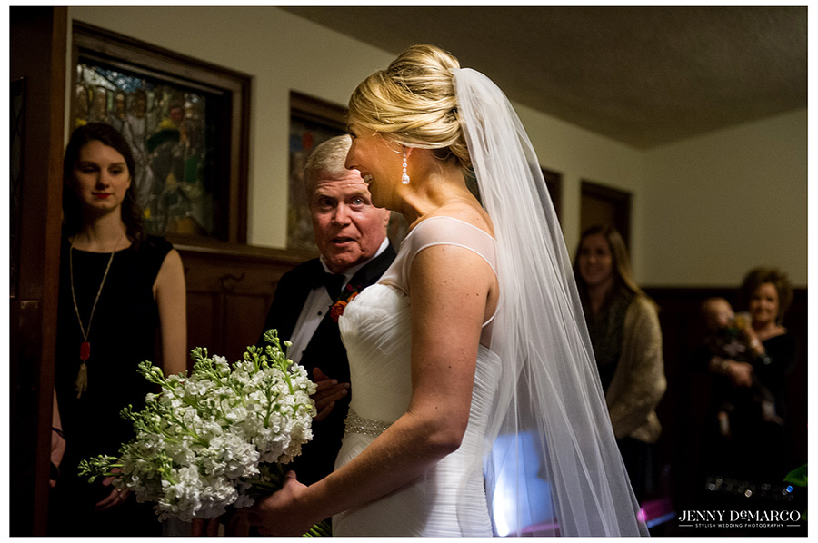 Exciting wedding shot of bride with her father before she walks down the aisle at the First Presbyterian Church in Waco, Texas. 