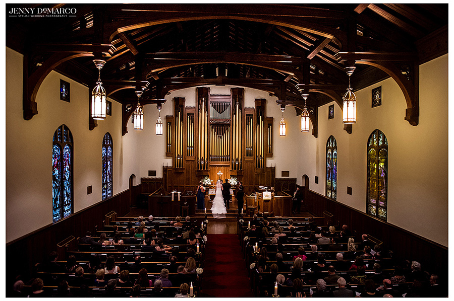 Overhead shot of gorgeous yet traditional church wedding. 