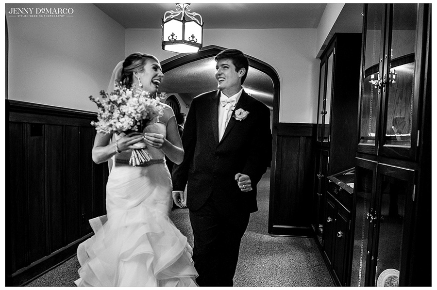 Bride and Groom are laughing after having just married at the beautiful First Presbyterian Church in Waco, Texas.  