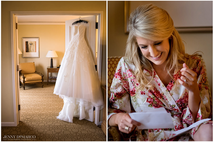 The bride reads a letter her mom wrote to her before she begins getting dressed.