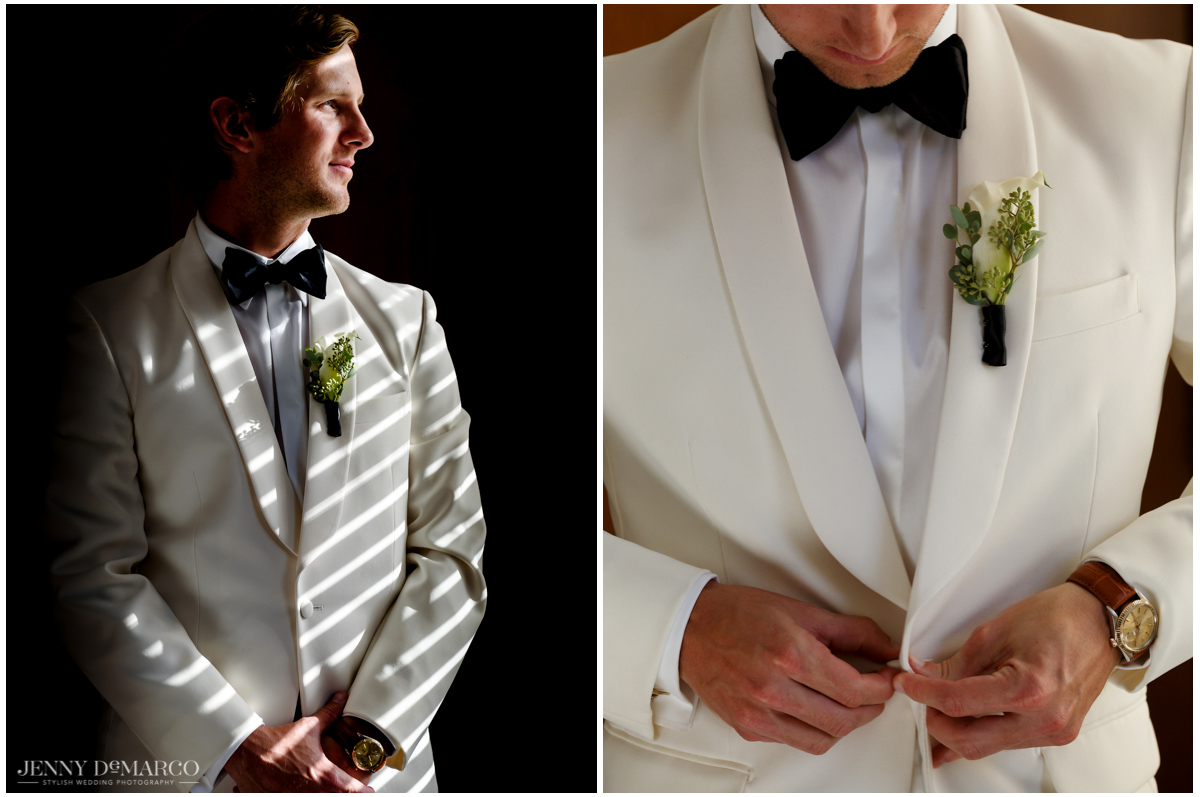 The groom finishes dressing before the ceremony.