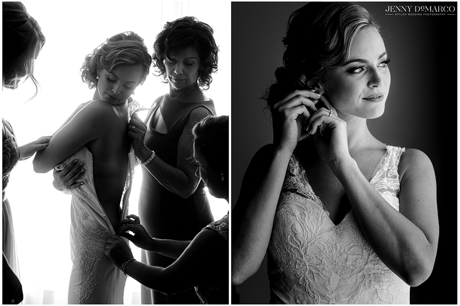 Black and white portraits of the bride getting ready assisted by her mother and bridesmaids. 