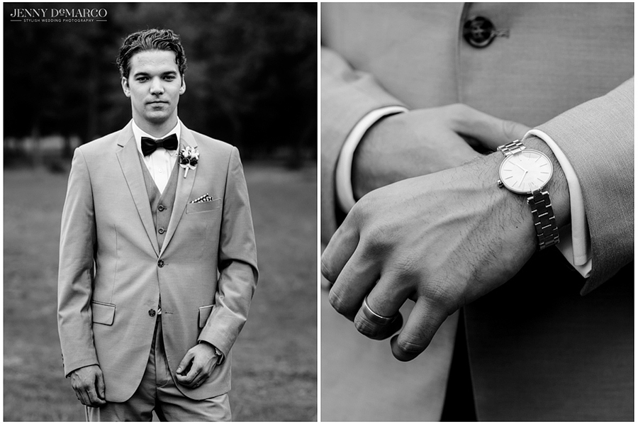 Black and white portrait of the groom in his tuxedo and detail photo of his suit and watch. 