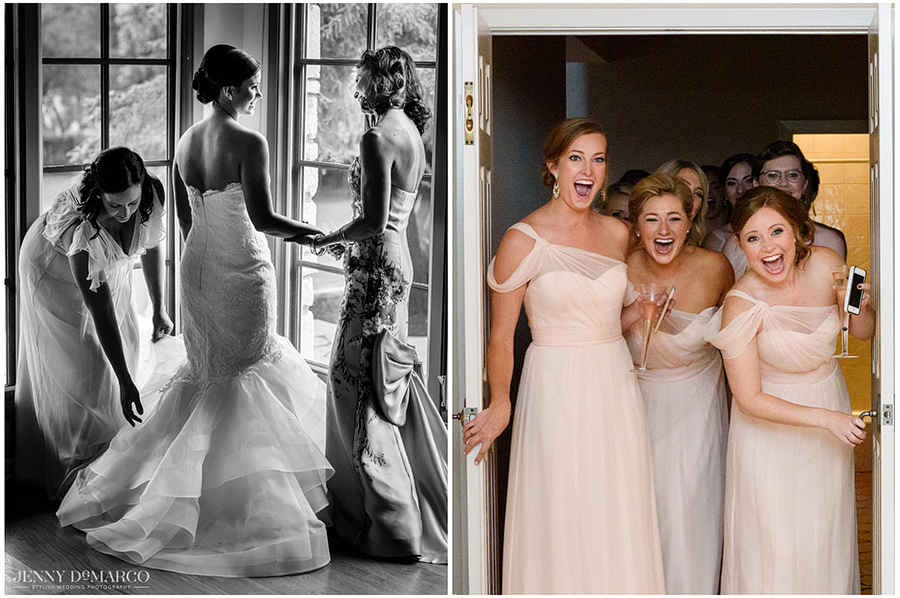 Bride is assisted into her dress, bridesmaids ecstatic reaction to bride reveal 
