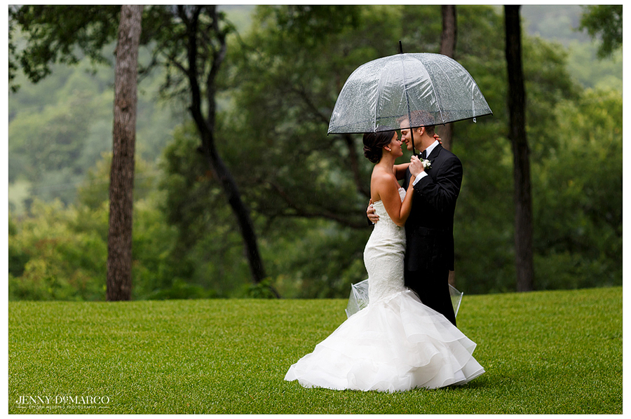 Groom sees his bride for the first time outside in the rain