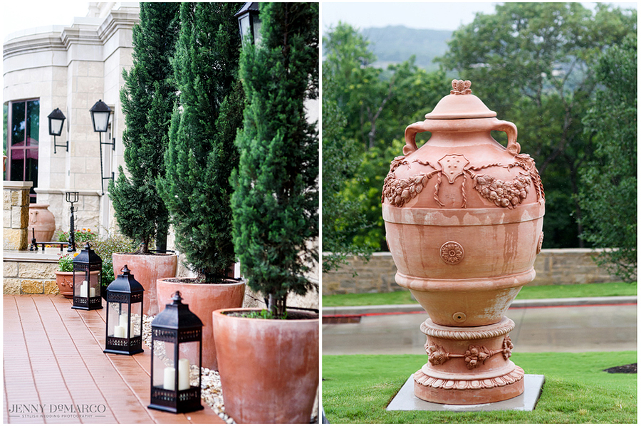 Dyptich of outdoor details, potted trees and lanterns 