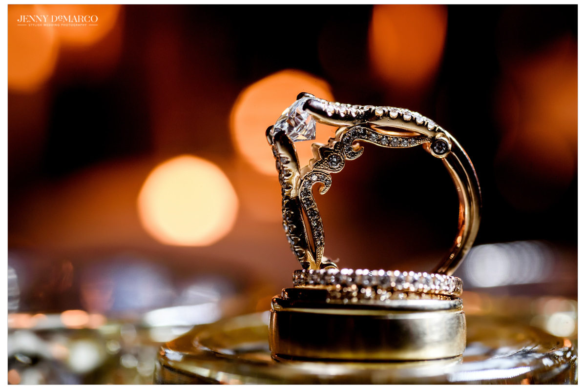 Close-up shot of the wedding and engagement rings.