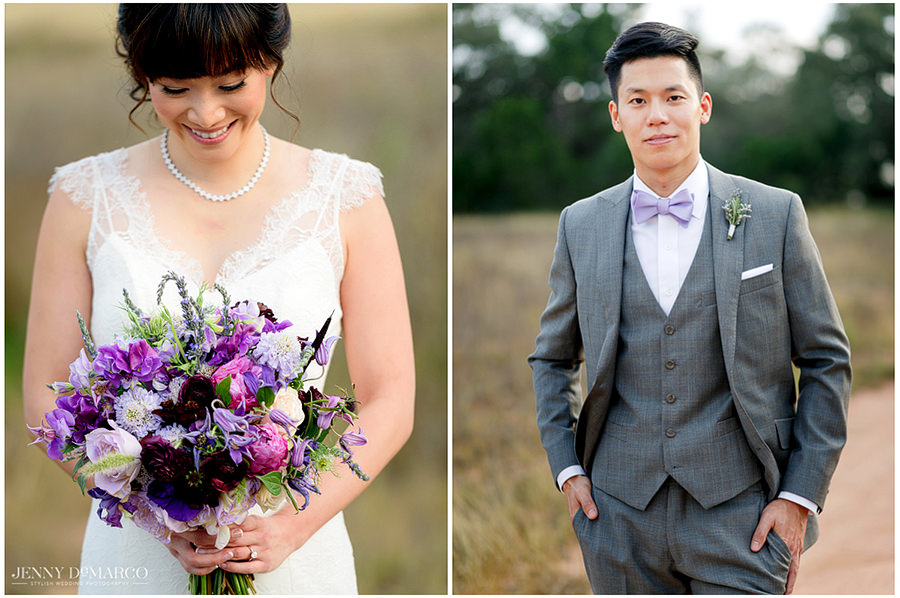 Side by side portraits of the bride with her flower bouquet and the groom in his wedding attire. 