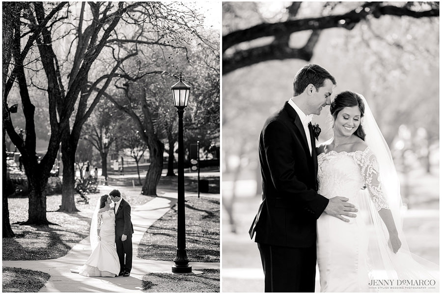 Portraits of bride and groom at Texas State Capital. 