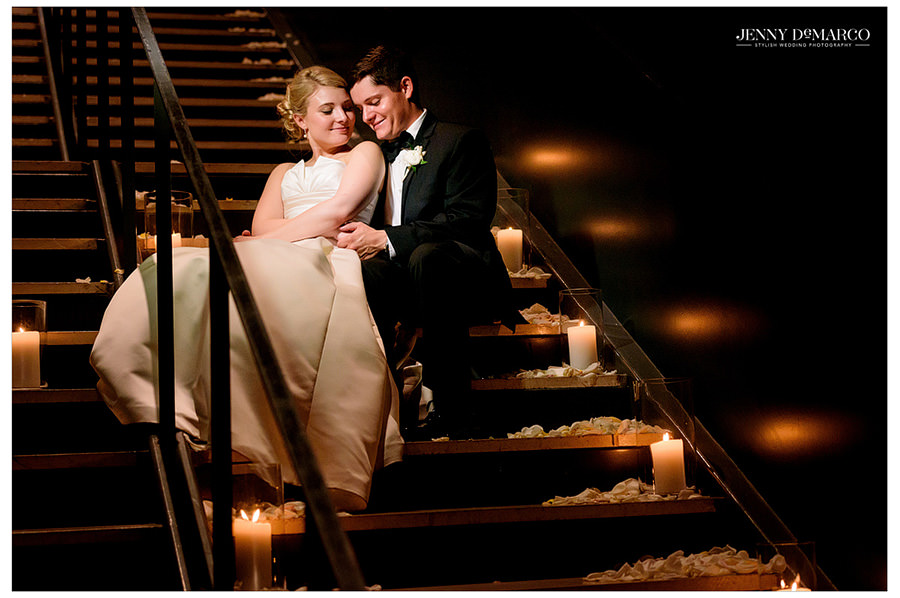 Bride and Groom portrait at Brazos Hall with candles
