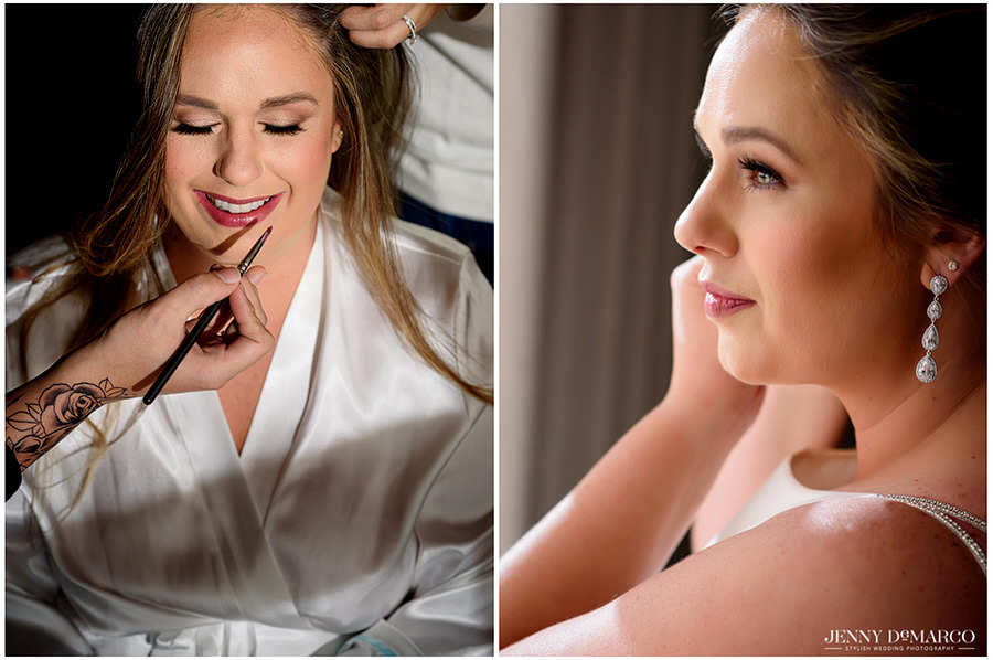 Dual photo collage of bride getting makeup finished and bride putting on her earrings in natural light. 