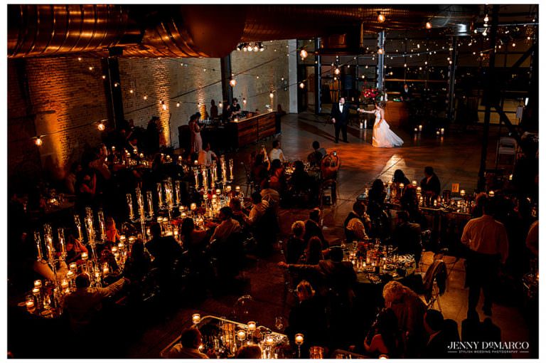 An arial image of the bride and groom sharing their first dance together.