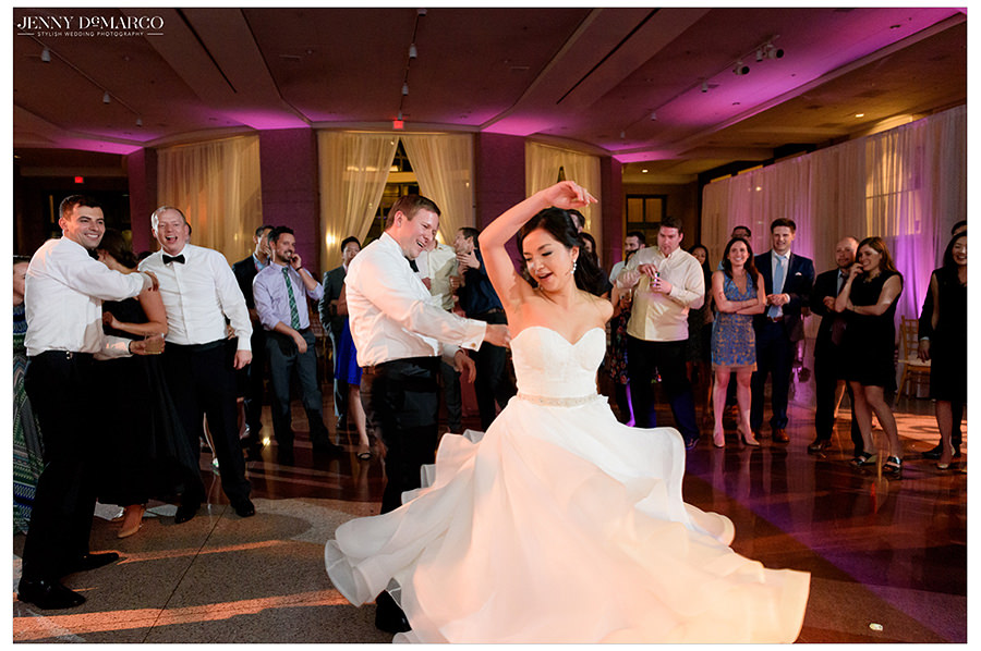 a spina and a twirl from the couple at the Bob Bullock museum wedding