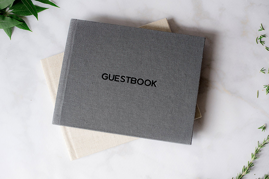 Guestbook with grey linen cover in "Tundra" with a black debossing