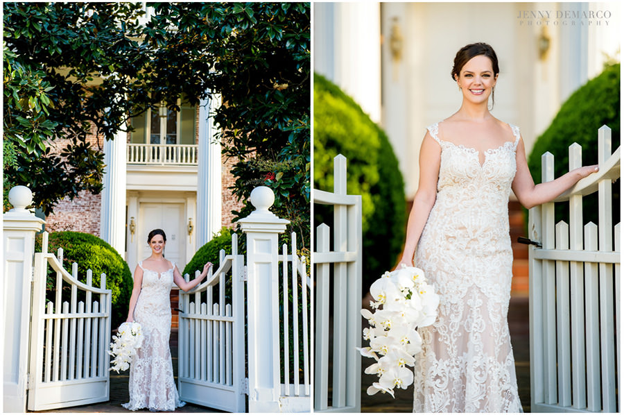 airy springtime portait session at the front gates of historic venue