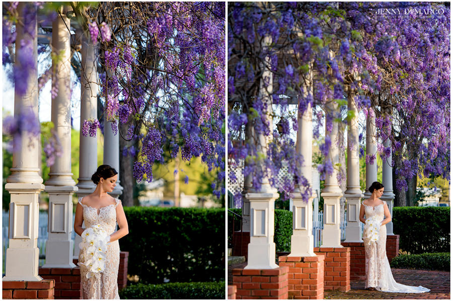 springtime bridal portrait session with elegant purple flowers 