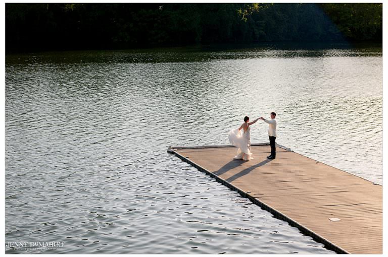 Brooke and Blake sneak off to the lake to share a dance on a dock.