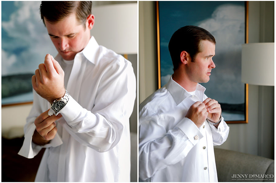 Groom starts to get ready for the wedding.