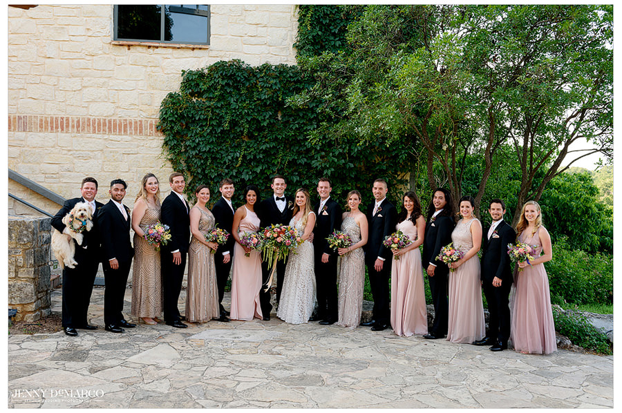The wedding party, including the dog, gather together for a group photo.