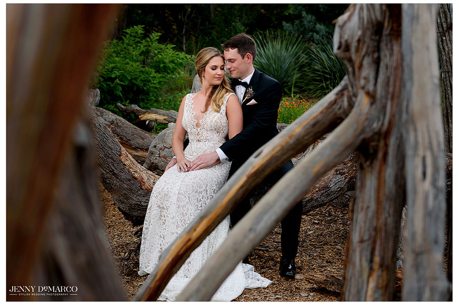 An intimate shot of the couple sitting on a low-hanging tree branch.