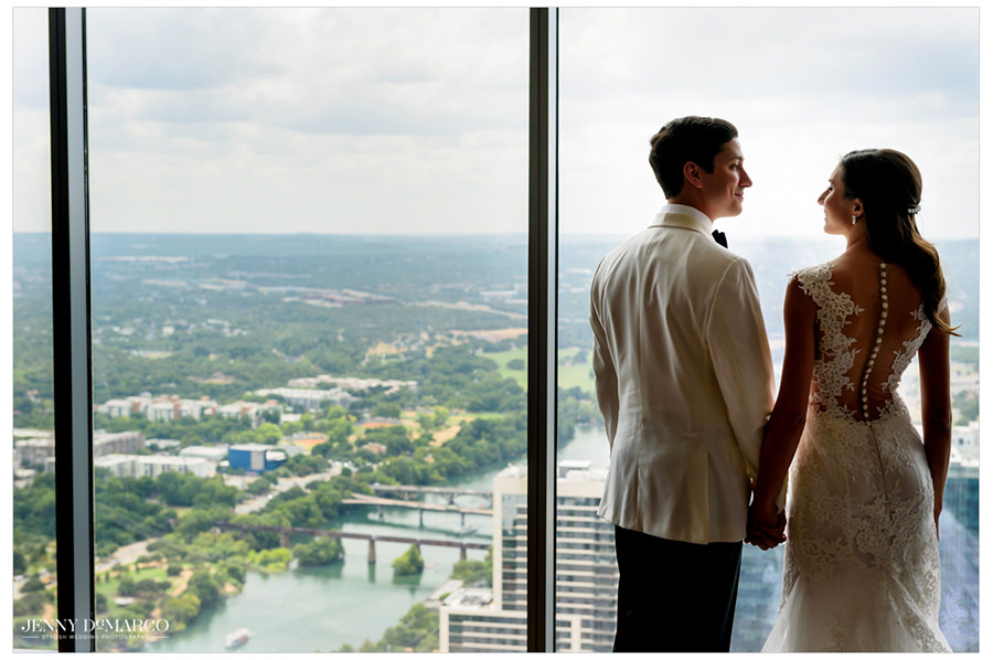 Bride and Groom share an intimate moment as they look over the city of Austin. 