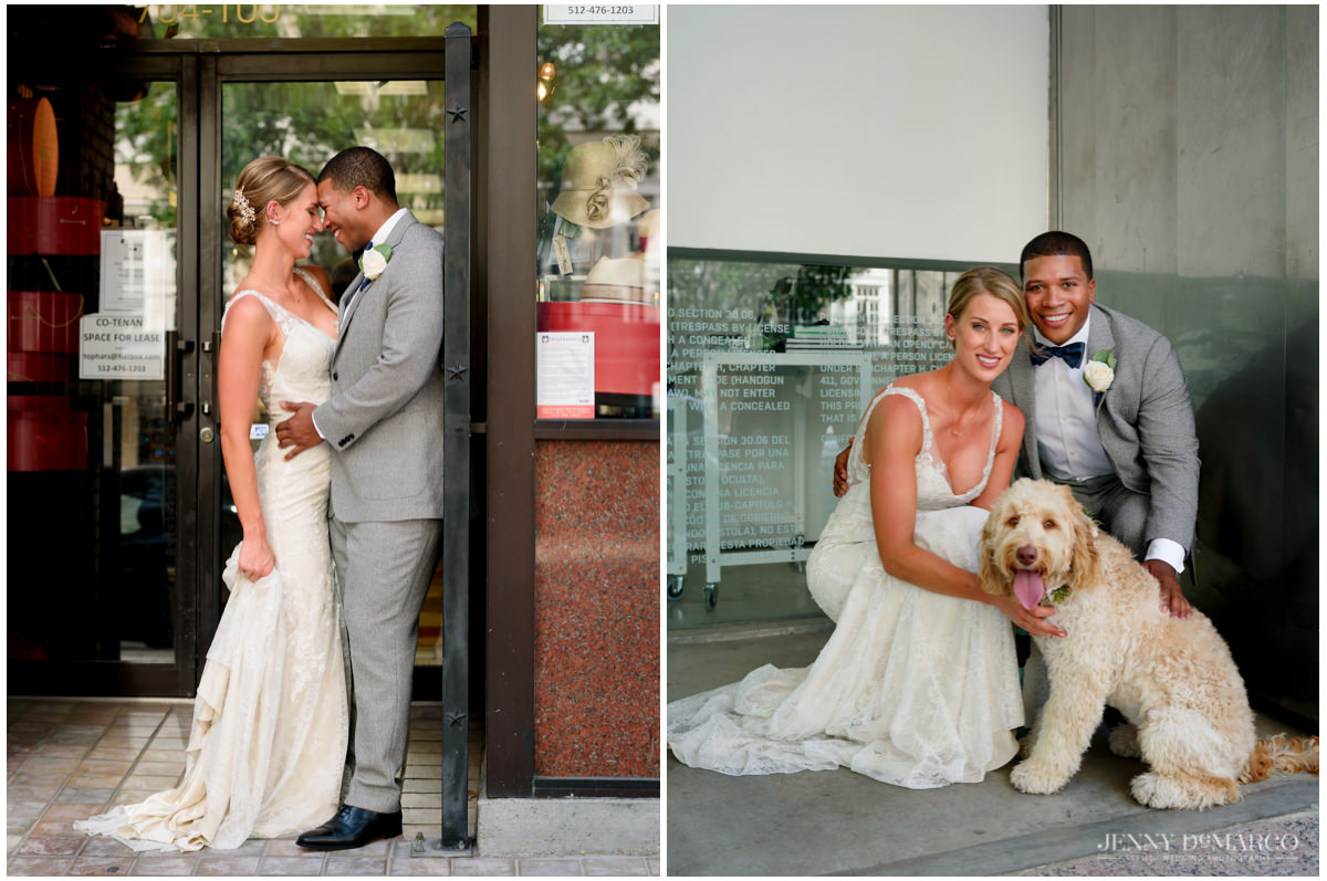 The newly weds pose for a photo with their dog.