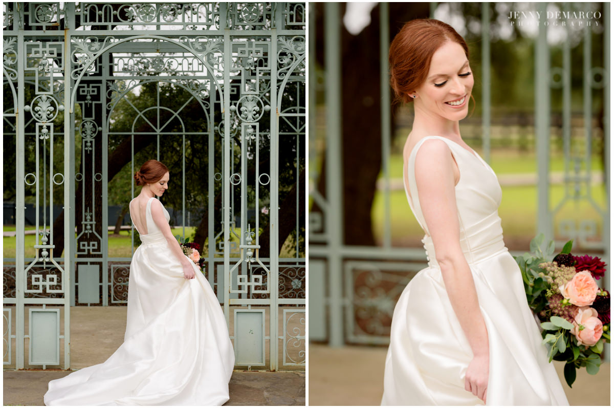Portraits of the bride in her satin wedding gown.