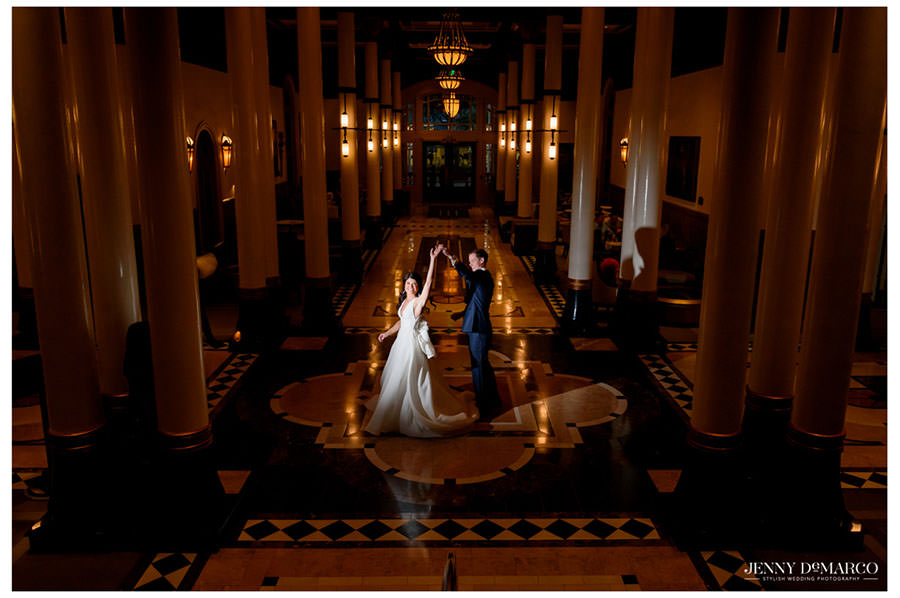 bride and groom dancing inside the Driskill hotel