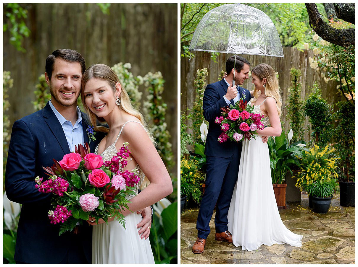 Bride and groom portraits in their backyard setting