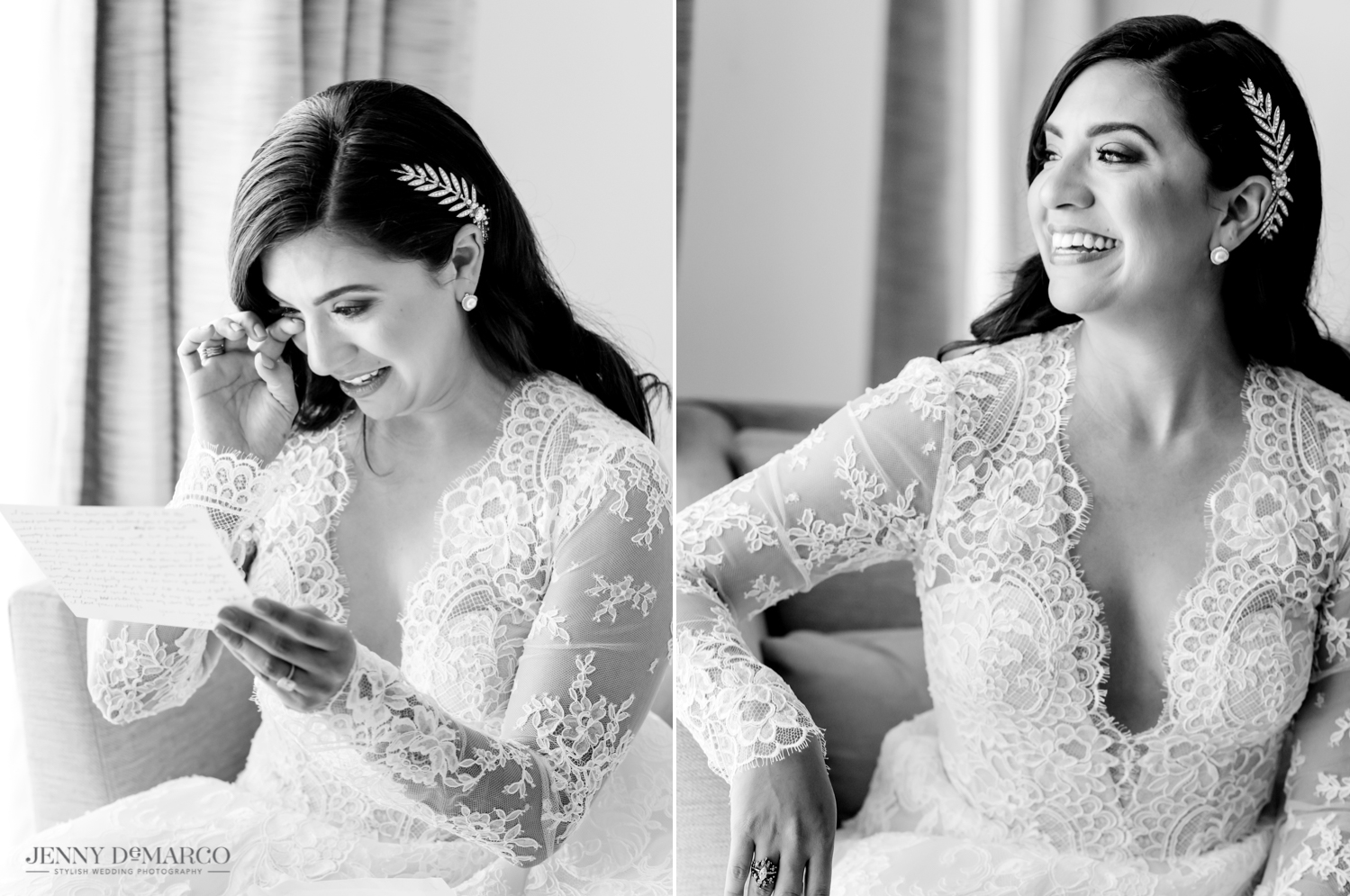 bride reading a special note from the groom in her lace wedding dress