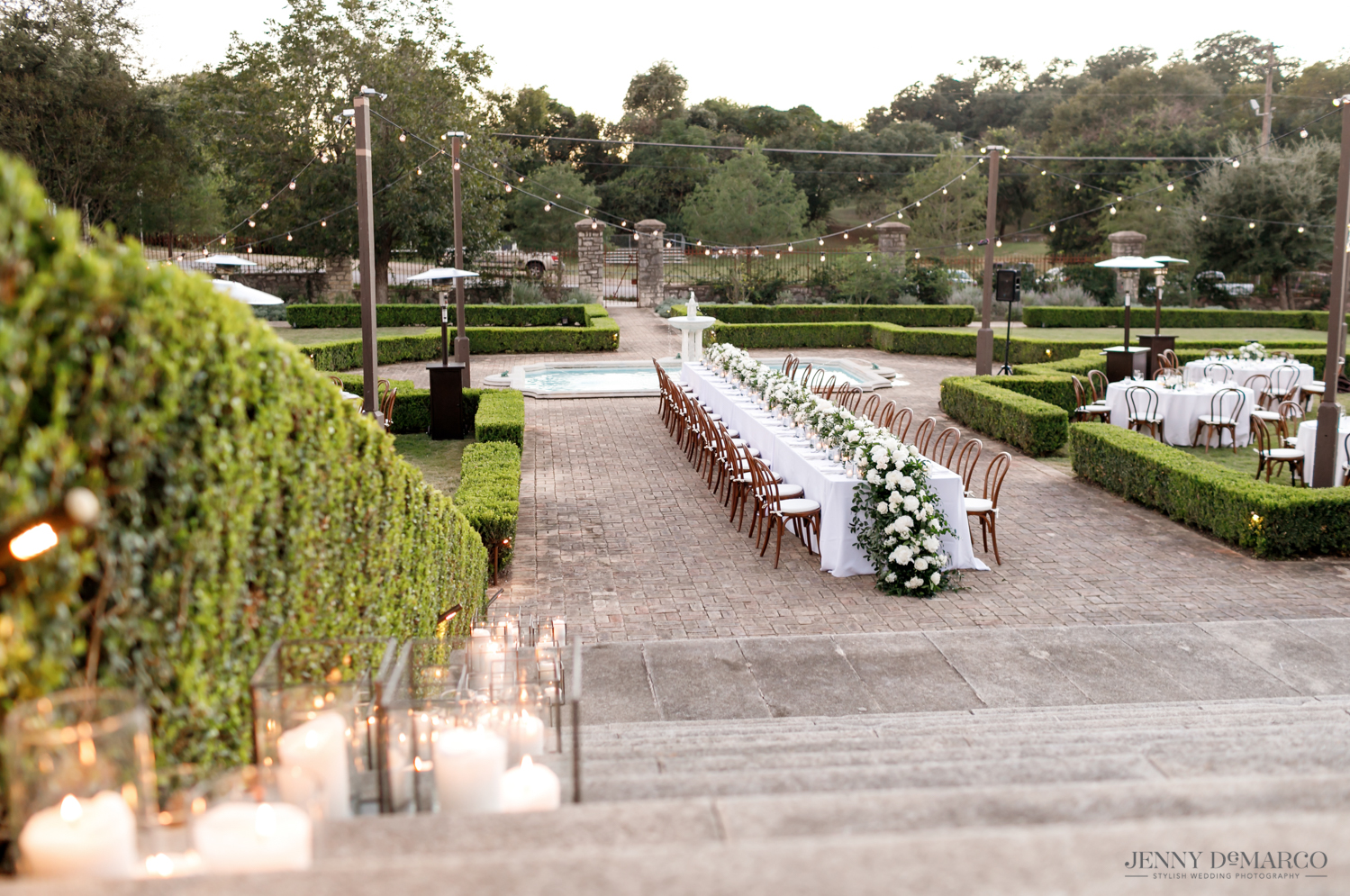 elegant dinner set up in the sunken garden at the Commodore Perry Hotel in Austin, Texas 