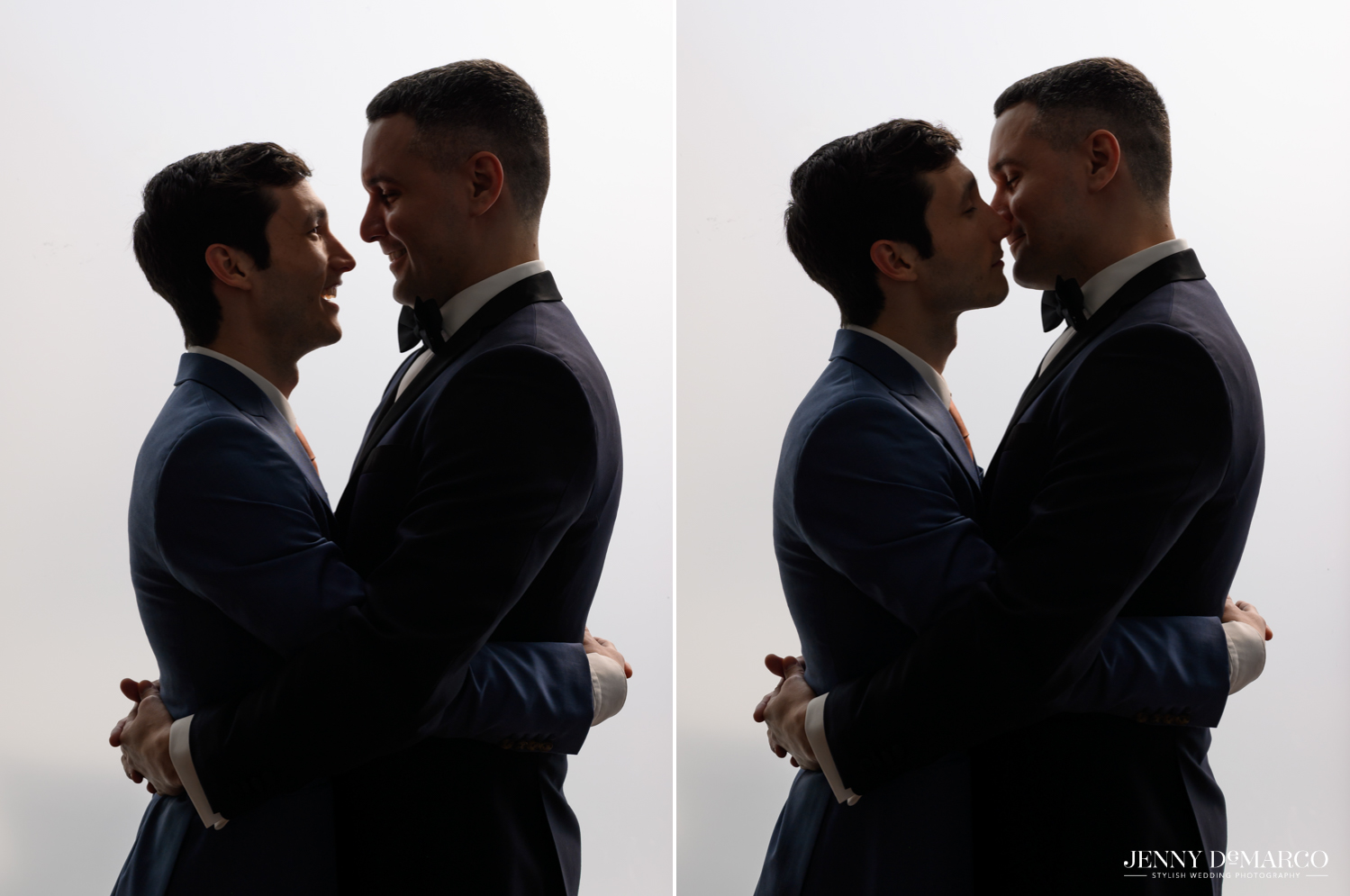 Left: Grooms embracing and looking at each other smiling; Right: grooms embracing and kissing