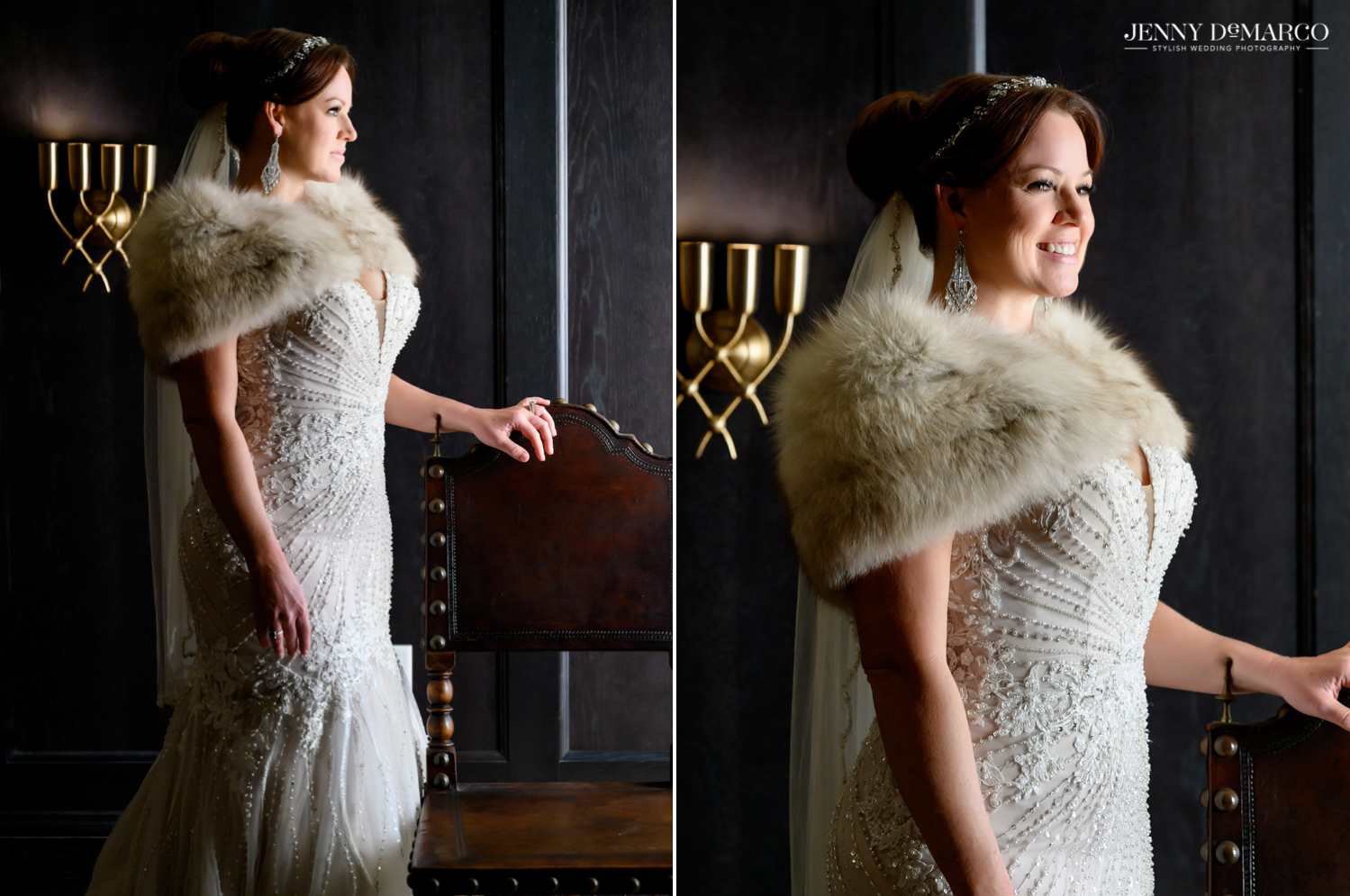 bridal portraits with the bride wearing her fur wrap over her lace wedding dress